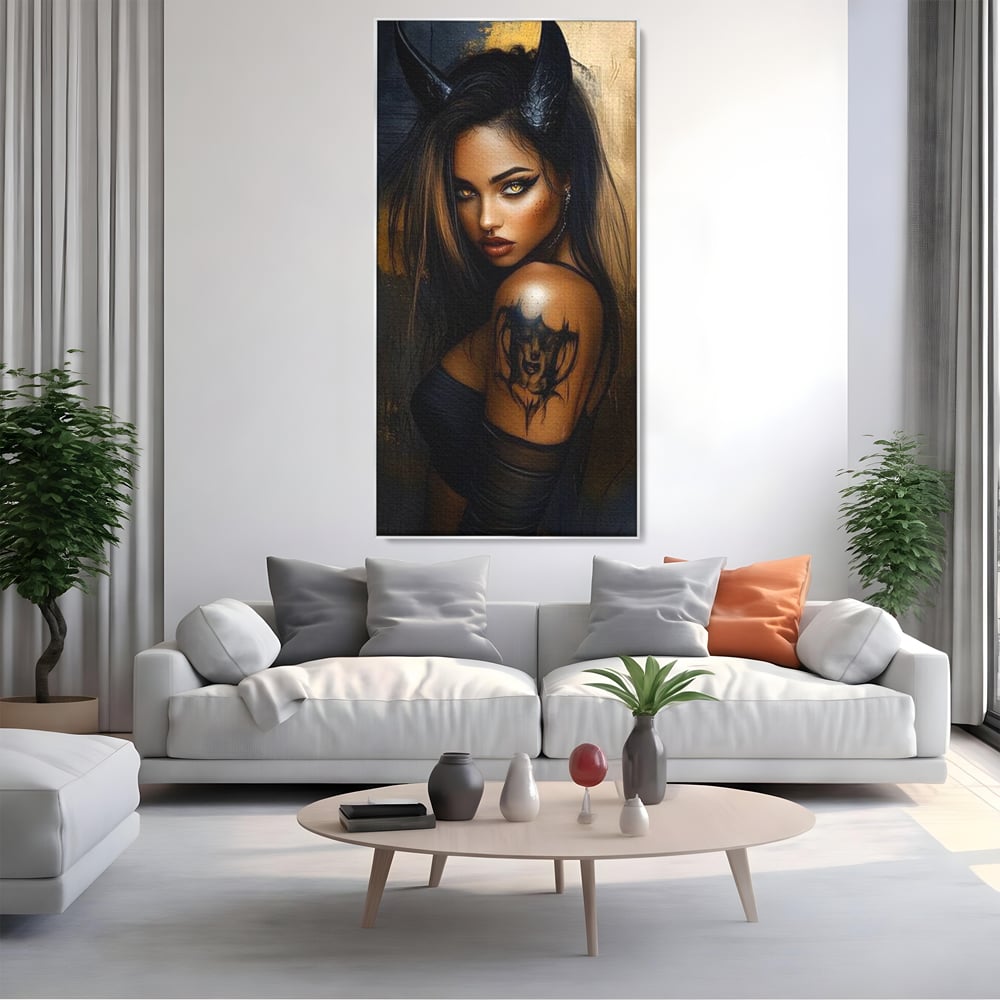 Tablou Canvas Premium, LuxCanva® G1192, Inger Intunecat,Portret, Dark, Fantasy, Coarne, Tatuaj, Aur, Negru, Rebela, Neamblanzita, Lumini, Umbre, Pericol, Birou, Living, Dormitor