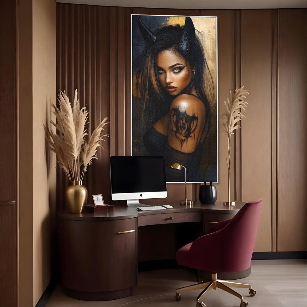 Tablou Canvas Premium, LuxCanva® G1192, Inger Intunecat,Portret, Dark, Fantasy, Coarne, Tatuaj, Aur, Negru, Rebela, Neamblanzita, Lumini, Umbre, Pericol, Birou, Living, Dormitor