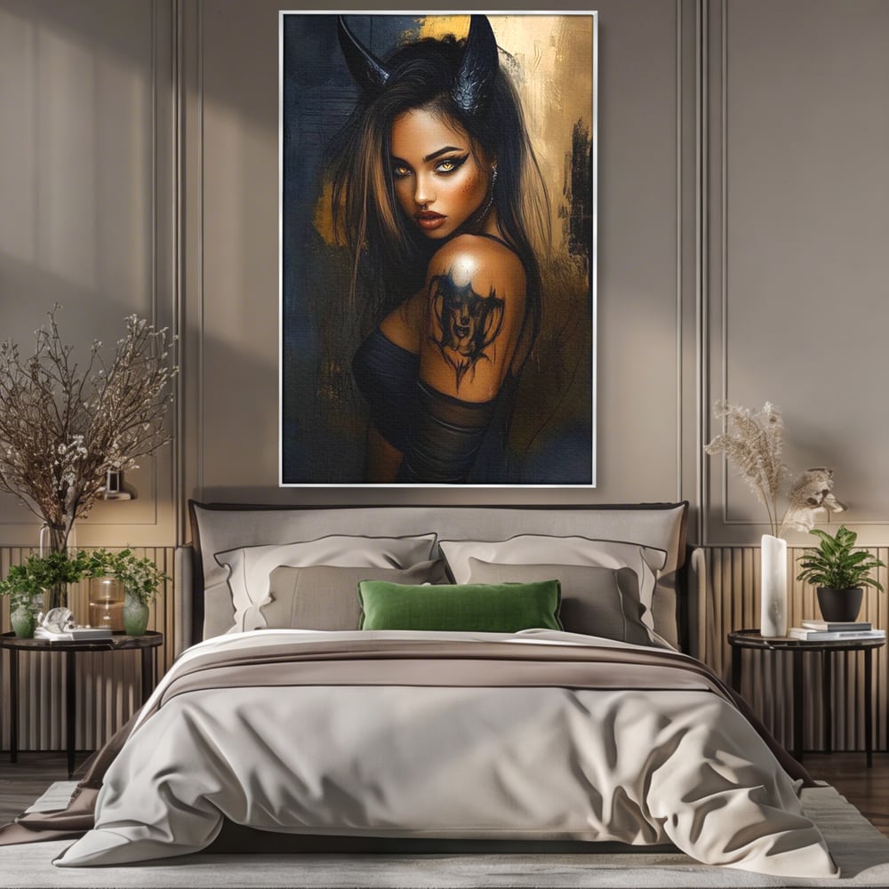 Tablou Canvas Premium, LuxCanva® G1192, Inger Intunecat,Portret, Dark, Fantasy, Coarne, Tatuaj, Aur, Negru, Rebela, Neamblanzita, Lumini, Umbre, Pericol, Birou, Living, Dormitor