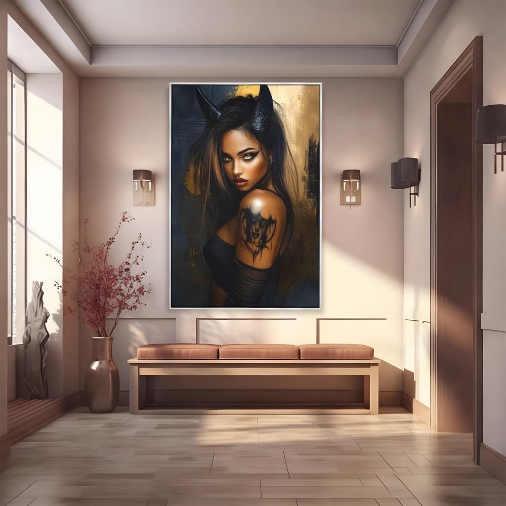 Tablou Canvas Premium, LuxCanva® G1192, Inger Intunecat,Portret, Dark, Fantasy, Coarne, Tatuaj, Aur, Negru, Rebela, Neamblanzita, Lumini, Umbre, Pericol, Birou, Living, Dormitor
