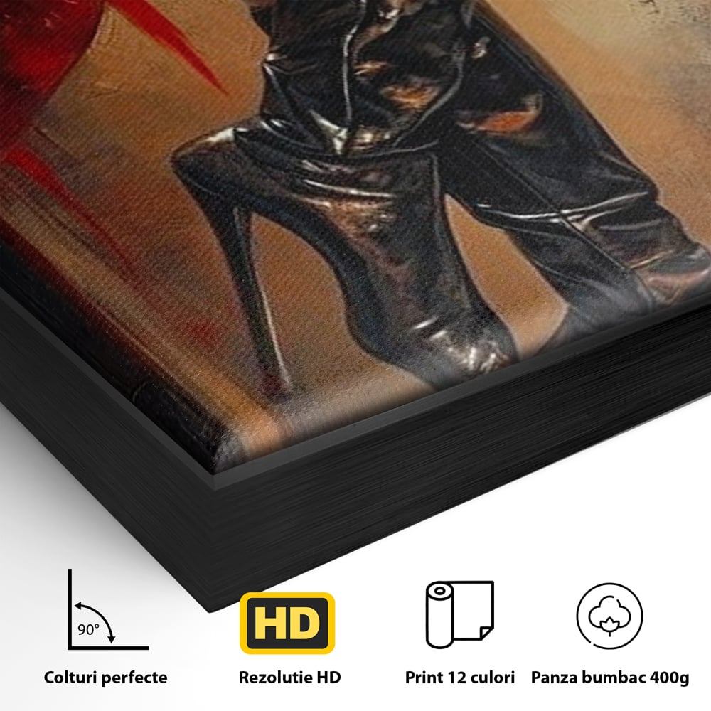 Tablou Canvas Premium, LuxCanva® G1193, Atitudine pe Tocuri, Cizme, Rochie, Rosu, Senzualitate, Provocator, Nocturn, Luciu, Seductie, Picioare, Trup, Fashion, Birou, Living, Dormitor