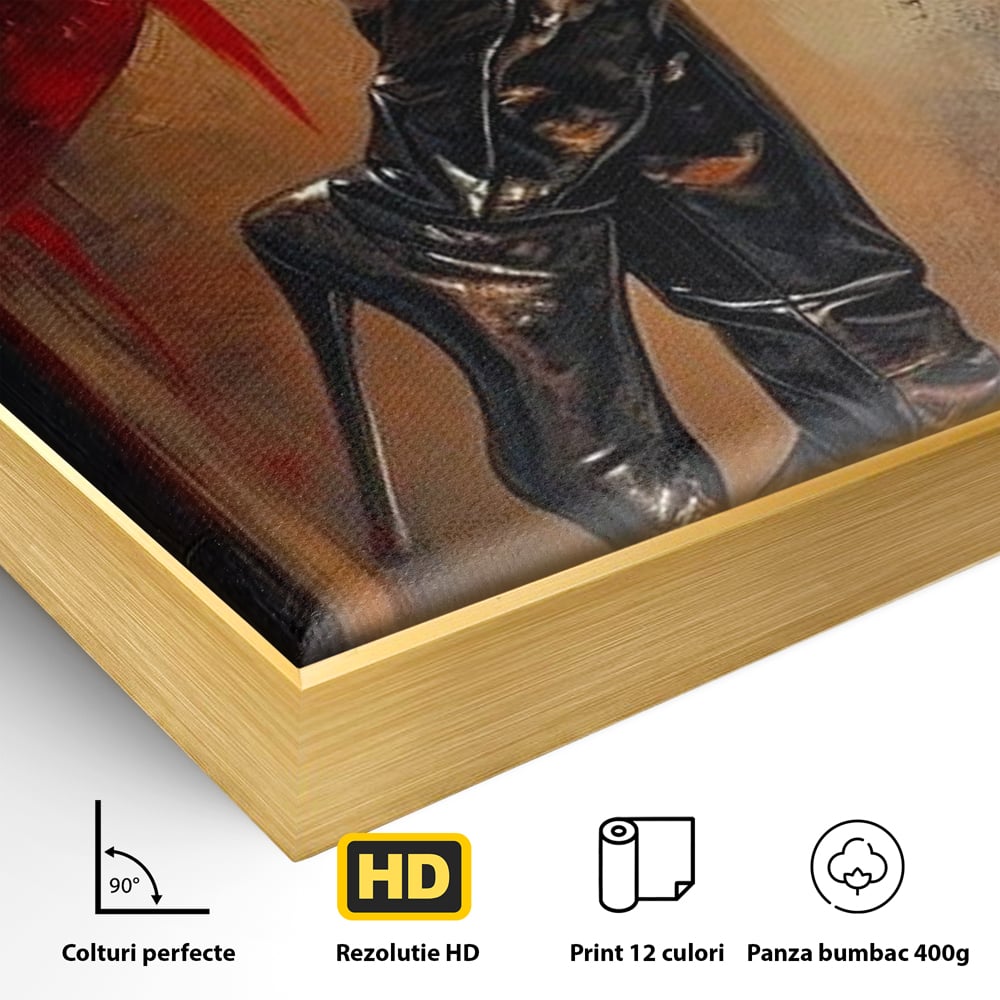 Tablou Canvas Premium, LuxCanva® G1193, Atitudine pe Tocuri, Cizme, Rochie, Rosu, Senzualitate, Provocator, Nocturn, Luciu, Seductie, Picioare, Trup, Fashion, Birou, Living, Dormitor