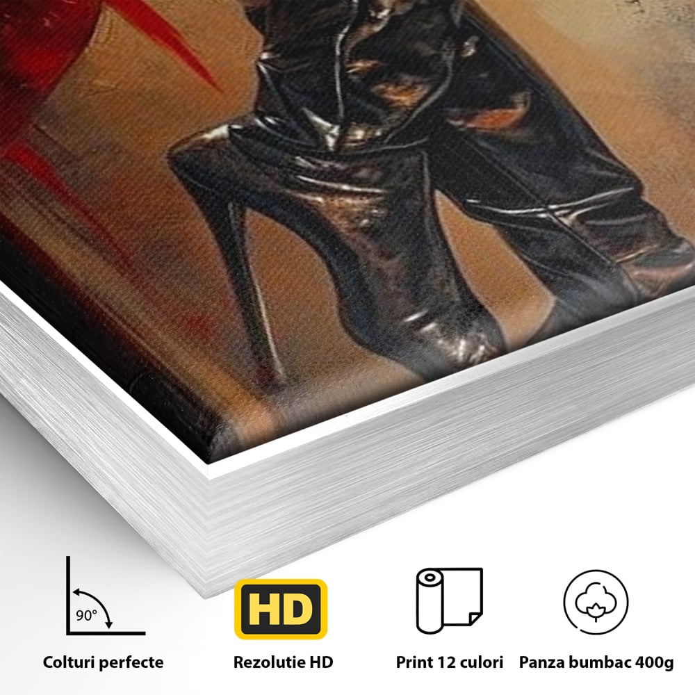 Tablou Canvas Premium, LuxCanva® G1193, Atitudine pe Tocuri, Cizme, Rochie, Rosu, Senzualitate, Provocator, Nocturn, Luciu, Seductie, Picioare, Trup, Fashion, Birou, Living, Dormitor