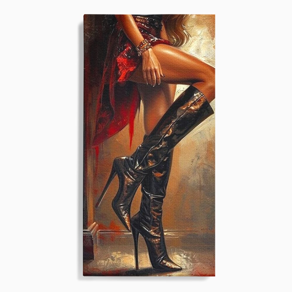 Tablou Canvas Premium, LuxCanva® G1193, Atitudine pe Tocuri, Cizme, Rochie, Rosu, Senzualitate, Provocator, Nocturn, Luciu, Seductie, Picioare, Trup, Fashion, Birou, Living, Dormitor