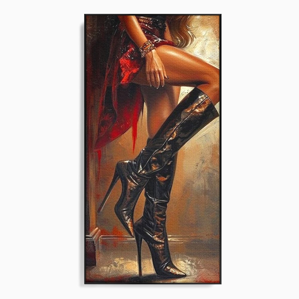 Tablou Canvas Premium, LuxCanva® G1193, Atitudine pe Tocuri, Cizme, Rochie, Rosu, Senzualitate, Provocator, Nocturn, Luciu, Seductie, Picioare, Trup, Fashion, Birou, Living, Dormitor