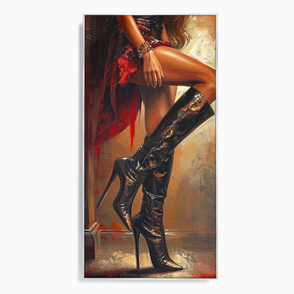 Tablou Canvas Premium, LuxCanva® G1193, Atitudine pe Tocuri, Cizme, Rochie, Rosu, Senzualitate, Provocator, Nocturn, Luciu, Seductie, Picioare, Trup, Fashion, Birou, Living, Dormitor