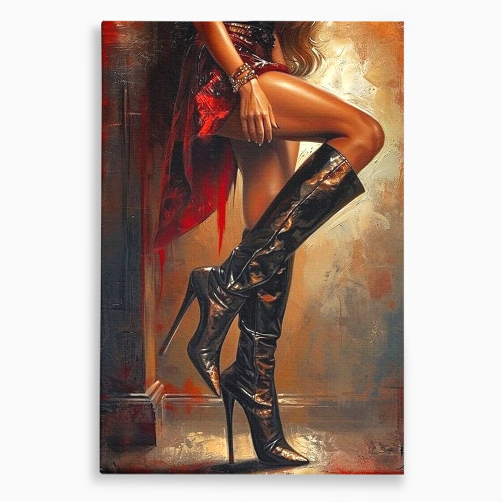Tablou Canvas Premium, LuxCanva® G1193, Atitudine pe Tocuri, Cizme, Rochie, Rosu, Senzualitate, Provocator, Nocturn, Luciu, Seductie, Picioare, Trup, Fashion, Birou, Living, Dormitor