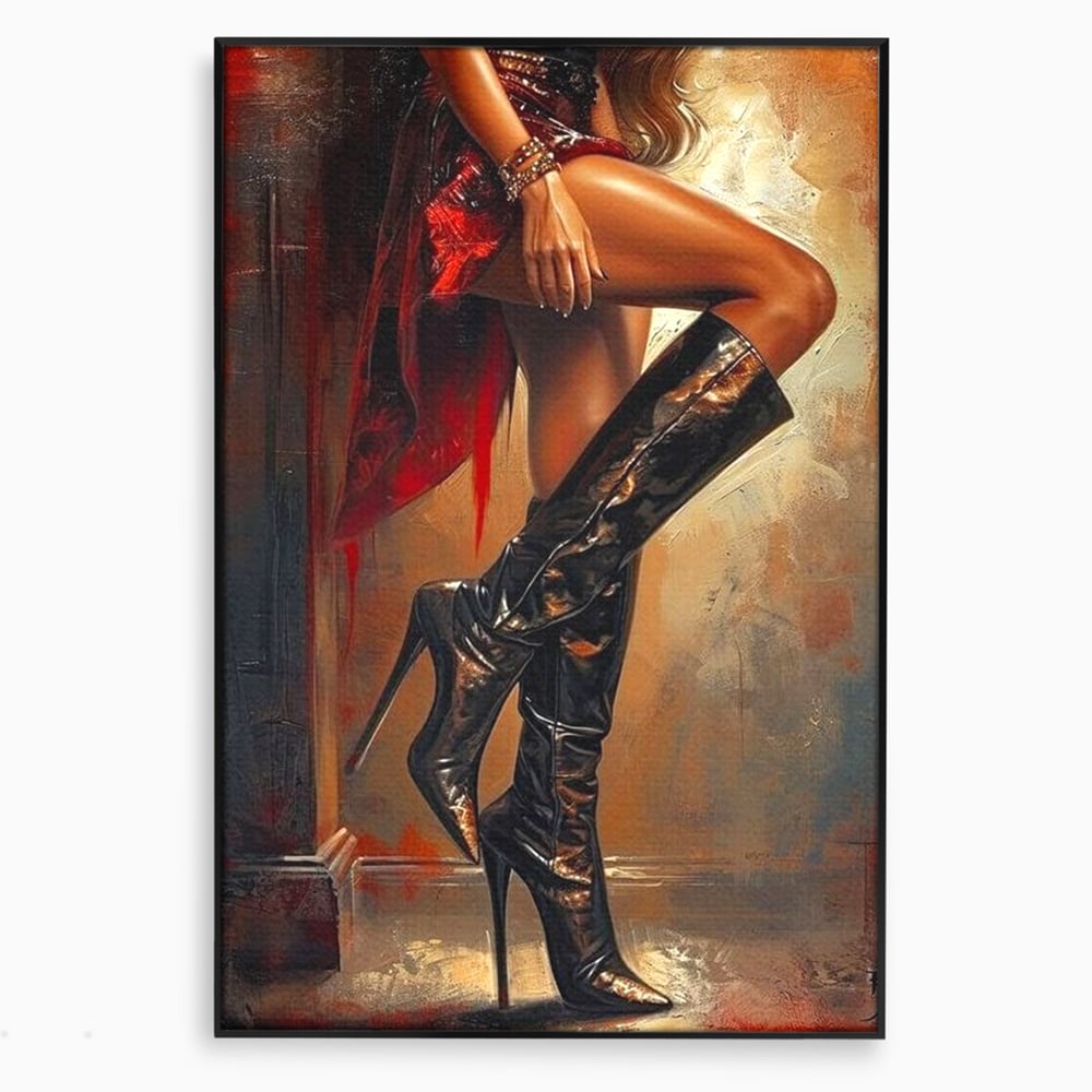 Tablou Canvas Premium, LuxCanva® G1193, Atitudine pe Tocuri, Cizme, Rochie, Rosu, Senzualitate, Provocator, Nocturn, Luciu, Seductie, Picioare, Trup, Fashion, Birou, Living, Dormitor