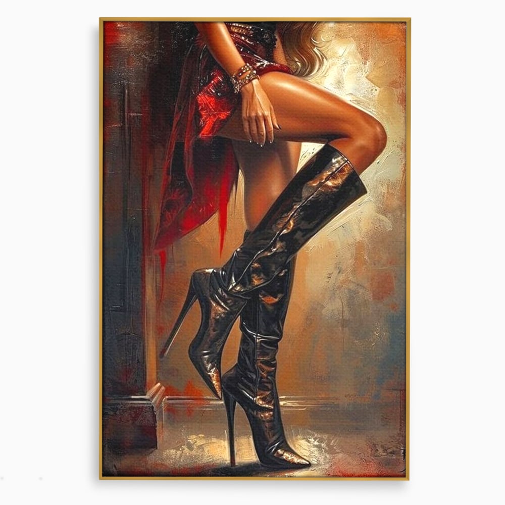 Tablou Canvas Premium, LuxCanva® G1193, Atitudine pe Tocuri, Cizme, Rochie, Rosu, Senzualitate, Provocator, Nocturn, Luciu, Seductie, Picioare, Trup, Fashion, Birou, Living, Dormitor