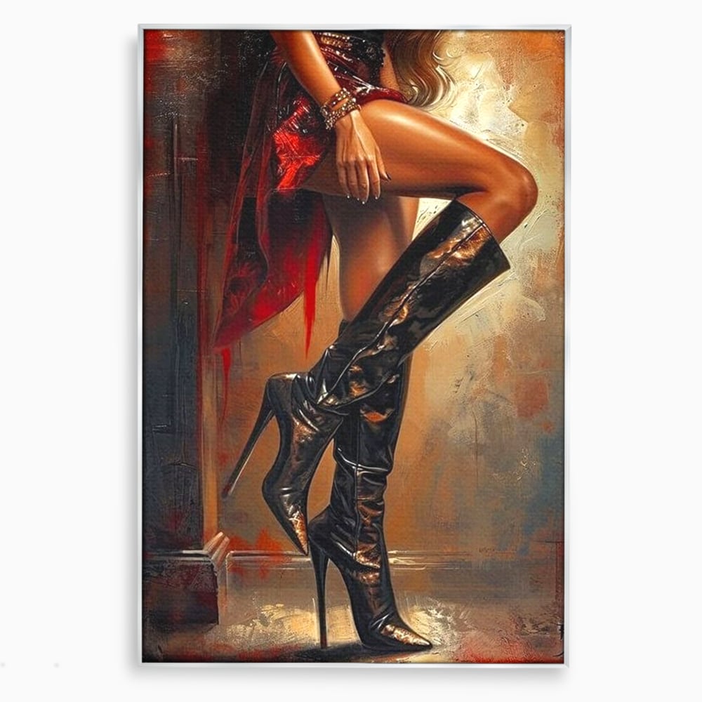 Tablou Canvas Premium, LuxCanva® G1193, Atitudine pe Tocuri, Cizme, Rochie, Rosu, Senzualitate, Provocator, Nocturn, Luciu, Seductie, Picioare, Trup, Fashion, Birou, Living, Dormitor