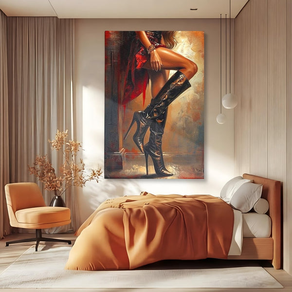 Tablou Canvas Premium, LuxCanva® G1193, Atitudine pe Tocuri, Cizme, Rochie, Rosu, Senzualitate, Provocator, Nocturn, Luciu, Seductie, Picioare, Trup, Fashion, Birou, Living, Dormitor