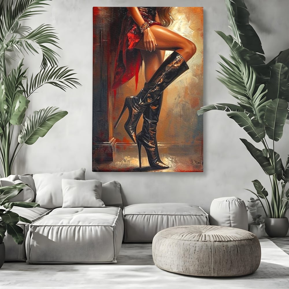 Tablou Canvas Premium, LuxCanva® G1193, Atitudine pe Tocuri, Cizme, Rochie, Rosu, Senzualitate, Provocator, Nocturn, Luciu, Seductie, Picioare, Trup, Fashion, Birou, Living, Dormitor