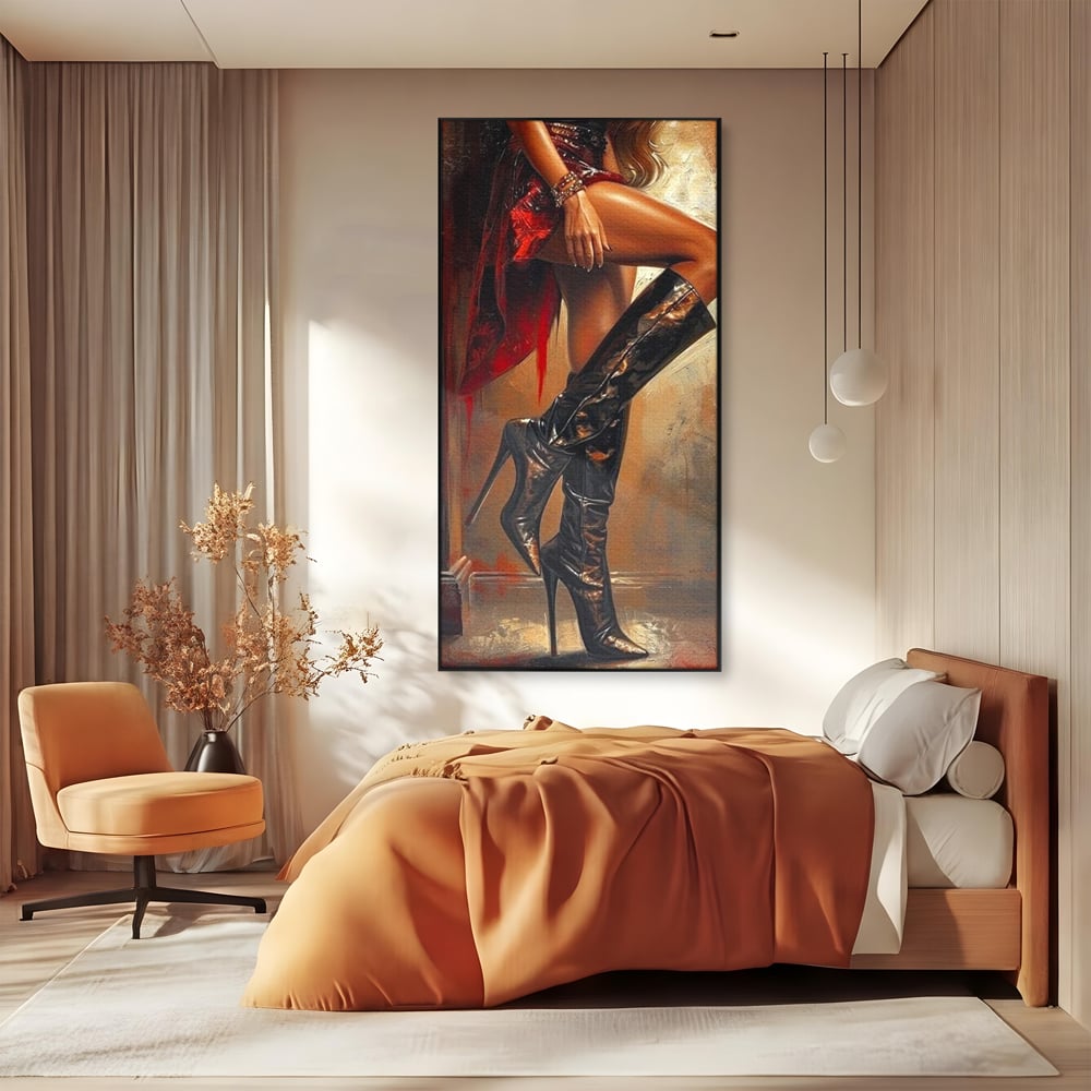 Tablou Canvas Premium, LuxCanva® G1193, Atitudine pe Tocuri, Cizme, Rochie, Rosu, Senzualitate, Provocator, Nocturn, Luciu, Seductie, Picioare, Trup, Fashion, Birou, Living, Dormitor