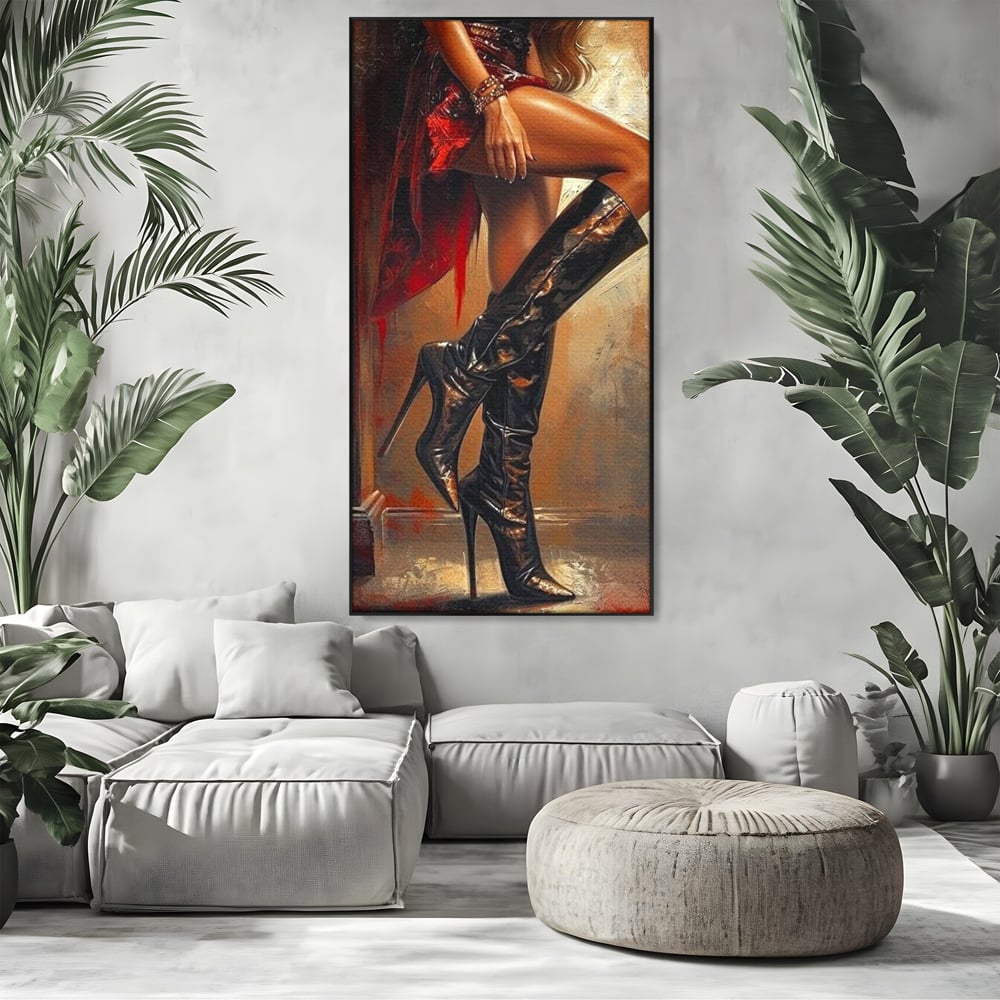 Tablou Canvas Premium, LuxCanva® G1193, Atitudine pe Tocuri, Cizme, Rochie, Rosu, Senzualitate, Provocator, Nocturn, Luciu, Seductie, Picioare, Trup, Fashion, Birou, Living, Dormitor