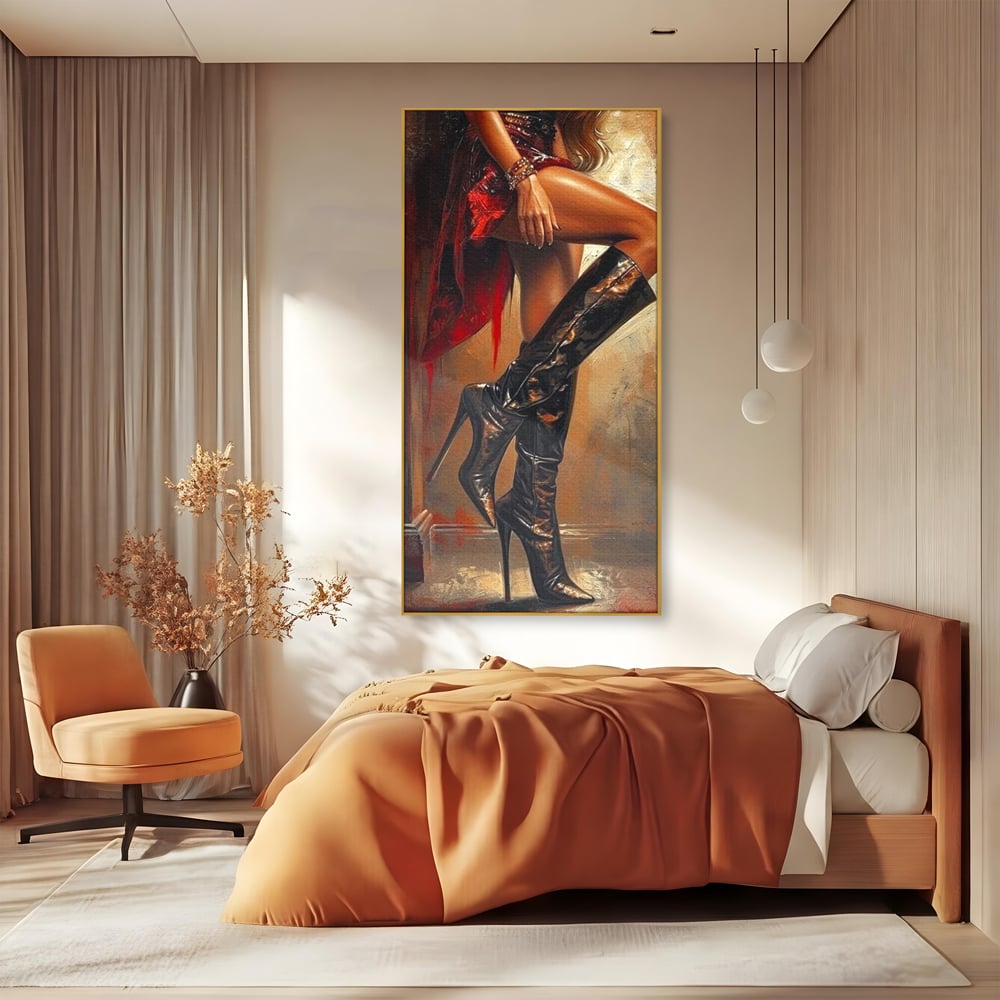 Tablou Canvas Premium, LuxCanva® G1193, Atitudine pe Tocuri, Cizme, Rochie, Rosu, Senzualitate, Provocator, Nocturn, Luciu, Seductie, Picioare, Trup, Fashion, Birou, Living, Dormitor