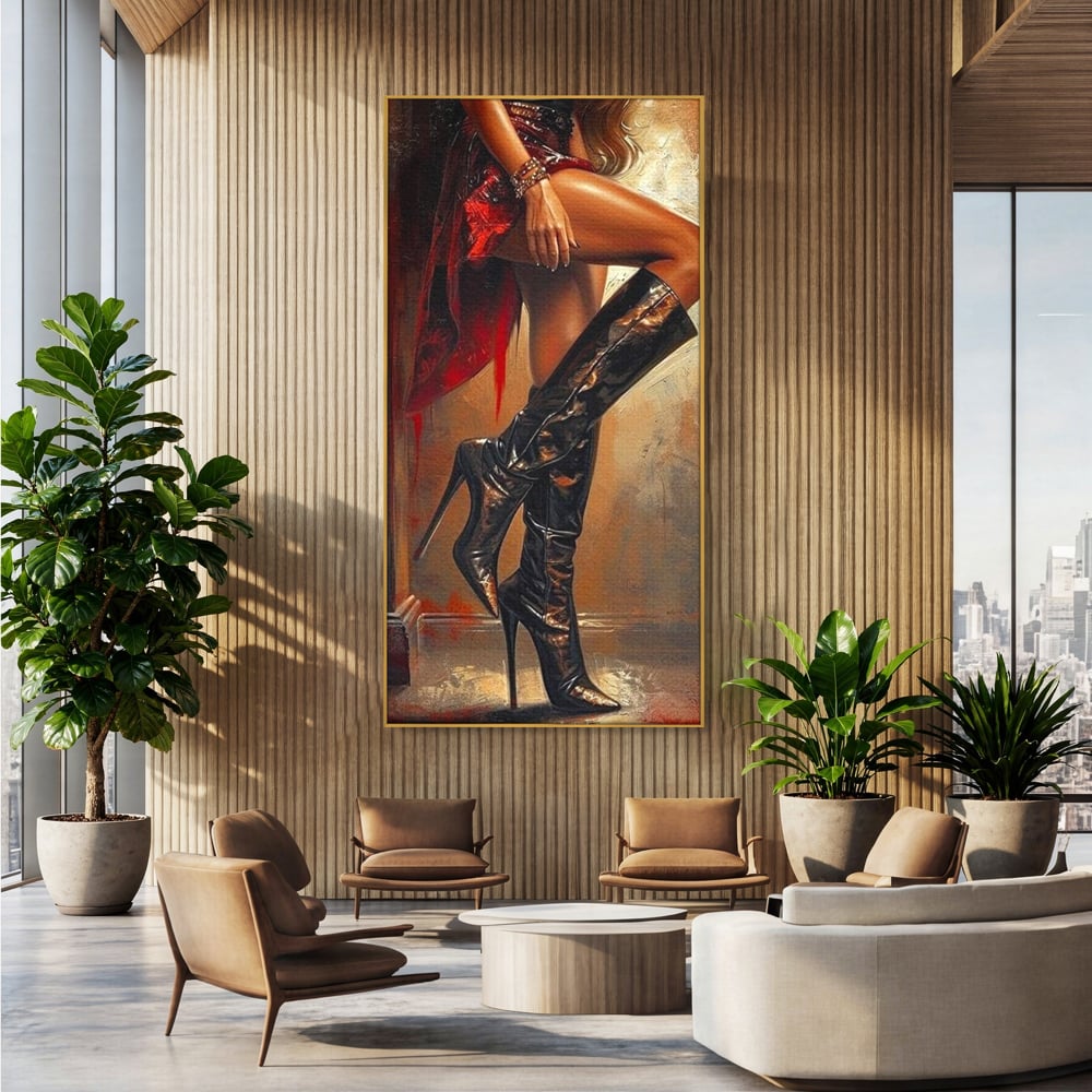 Tablou Canvas Premium, LuxCanva® G1193, Atitudine pe Tocuri, Cizme, Rochie, Rosu, Senzualitate, Provocator, Nocturn, Luciu, Seductie, Picioare, Trup, Fashion, Birou, Living, Dormitor
