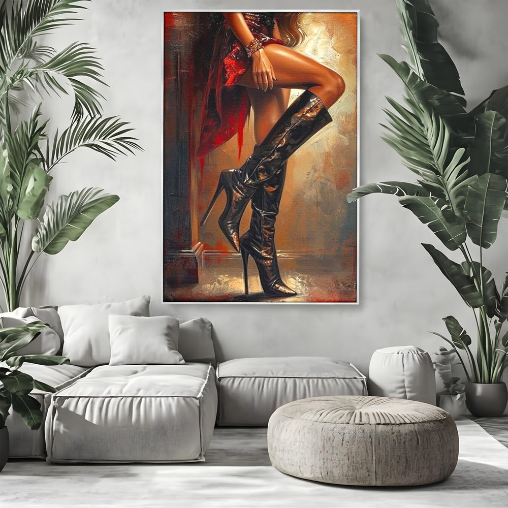Tablou Canvas Premium, LuxCanva® G1193, Atitudine pe Tocuri, Cizme, Rochie, Rosu, Senzualitate, Provocator, Nocturn, Luciu, Seductie, Picioare, Trup, Fashion, Birou, Living, Dormitor