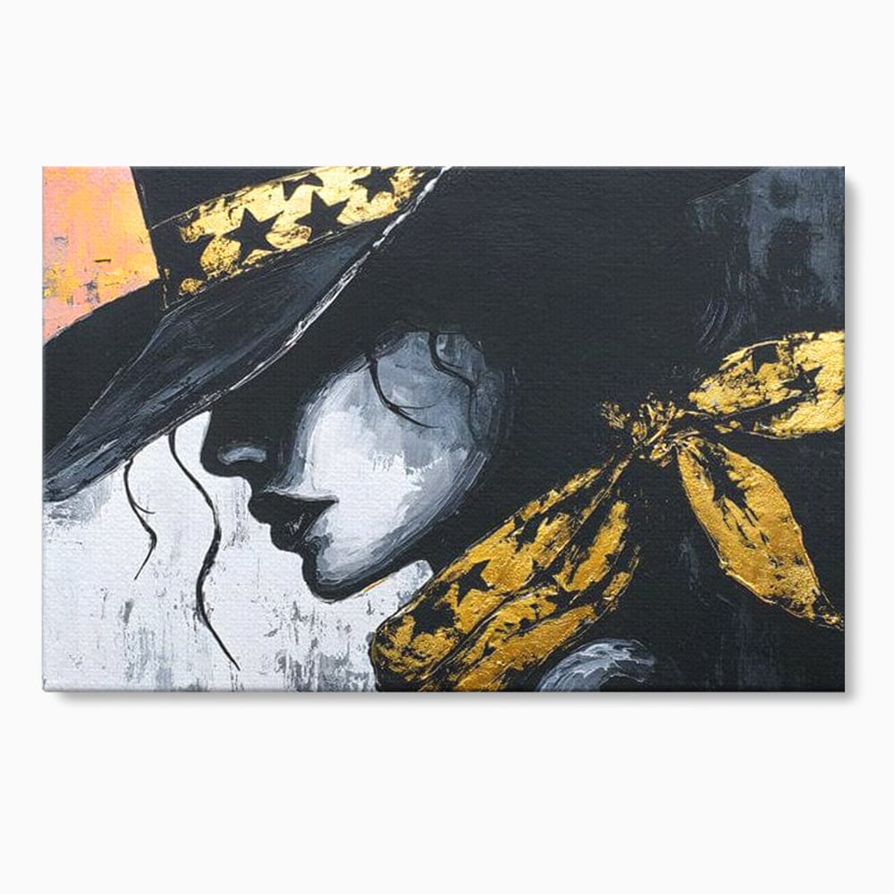 Tablou Canvas Premium, LuxCanva® G1194, Femeia cu Palarie Stelara, Auriu, Negru, Enigma, Stele, Glamour, Western, Esarfa, Abis, Ecou, Nocturna, Frumusete, Birou, Living, Dormitor