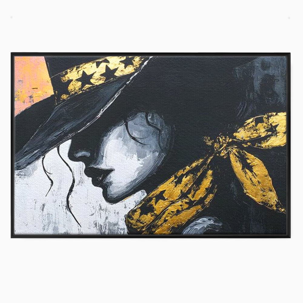 Tablou Canvas Premium, LuxCanva® G1194, Femeia cu Palarie Stelara, Auriu, Negru, Enigma, Stele, Glamour, Western, Esarfa, Abis, Ecou, Nocturna, Frumusete, Birou, Living, Dormitor