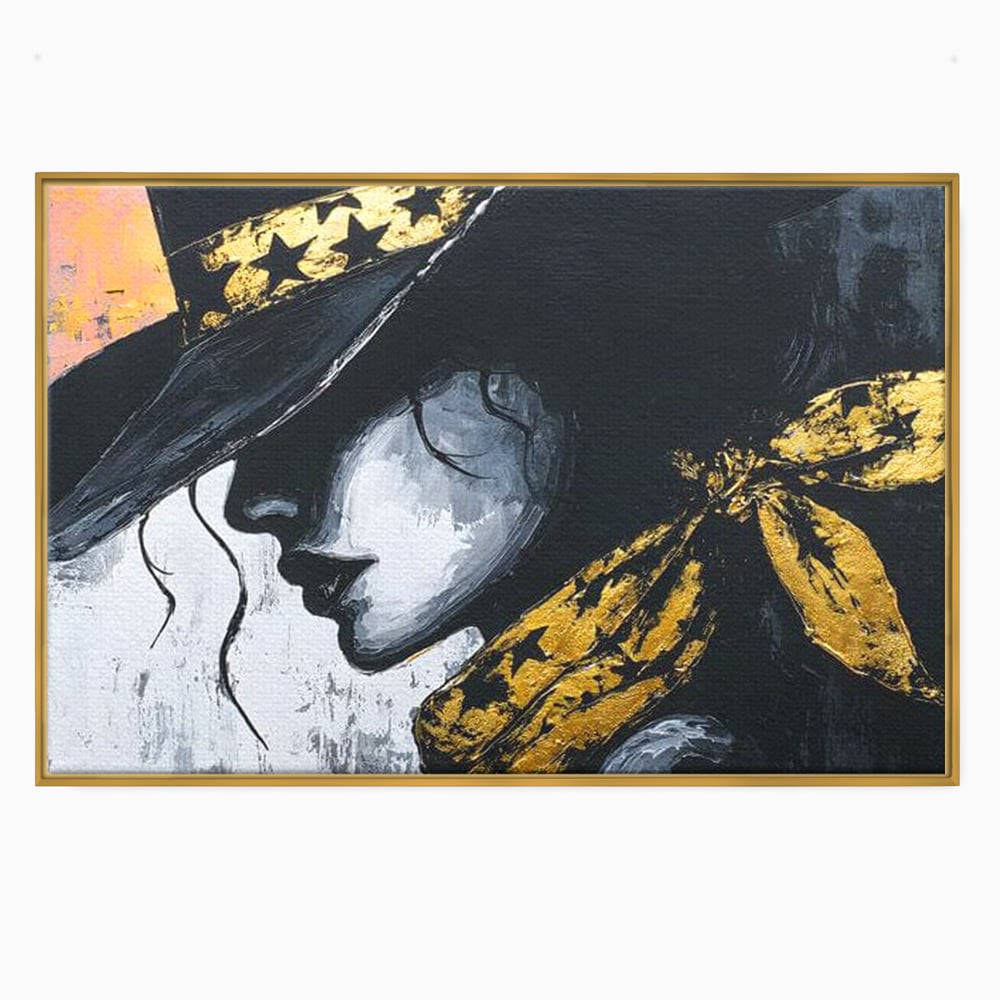 Tablou Canvas Premium, LuxCanva® G1194, Femeia cu Palarie Stelara, Auriu, Negru, Enigma, Stele, Glamour, Western, Esarfa, Abis, Ecou, Nocturna, Frumusete, Birou, Living, Dormitor