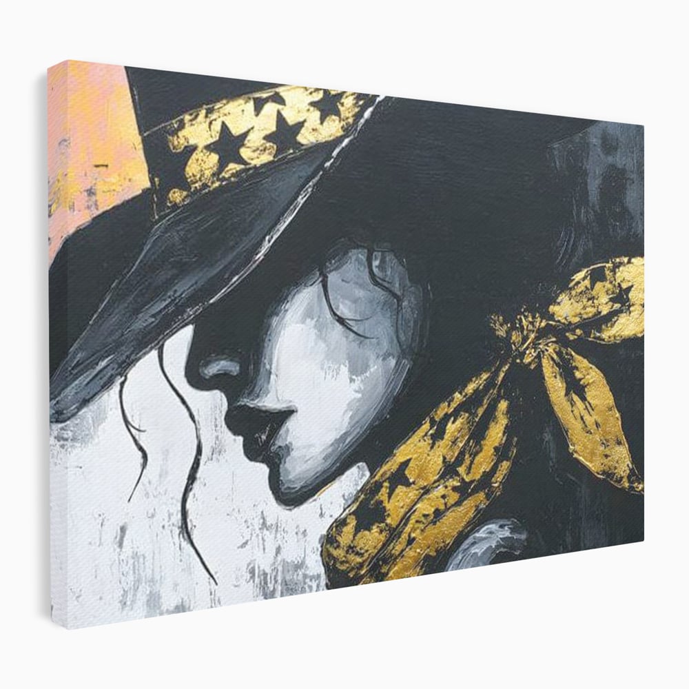 Tablou Canvas Premium, LuxCanva® G1194, Femeia cu Palarie Stelara, Auriu, Negru, Enigma, Stele, Glamour, Western, Esarfa, Abis, Ecou, Nocturna, Frumusete, Birou, Living, Dormitor