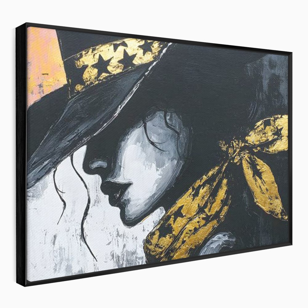 Tablou Canvas Premium, LuxCanva® G1194, Femeia cu Palarie Stelara, Auriu, Negru, Enigma, Stele, Glamour, Western, Esarfa, Abis, Ecou, Nocturna, Frumusete, Birou, Living, Dormitor
