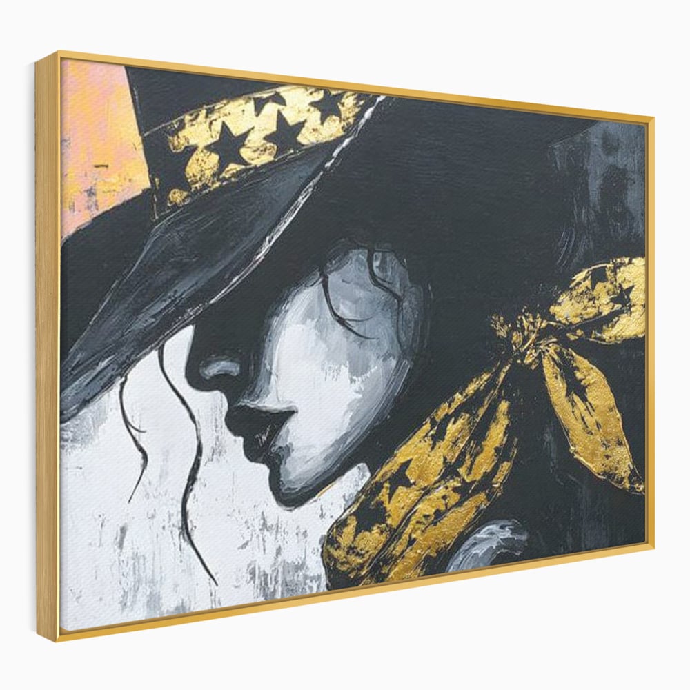Tablou Canvas Premium, LuxCanva® G1194, Femeia cu Palarie Stelara, Auriu, Negru, Enigma, Stele, Glamour, Western, Esarfa, Abis, Ecou, Nocturna, Frumusete, Birou, Living, Dormitor
