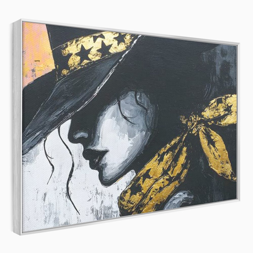 Tablou Canvas Premium, LuxCanva® G1194, Femeia cu Palarie Stelara, Auriu, Negru, Enigma, Stele, Glamour, Western, Esarfa, Abis, Ecou, Nocturna, Frumusete, Birou, Living, Dormitor