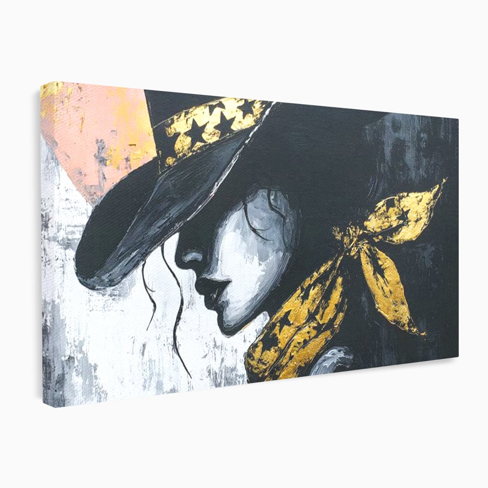 Tablou Canvas Premium, LuxCanva® G1194, Femeia cu Palarie Stelara, Auriu, Negru, Enigma, Stele, Glamour, Western, Esarfa, Abis, Ecou, Nocturna, Frumusete, Birou, Living, Dormitor