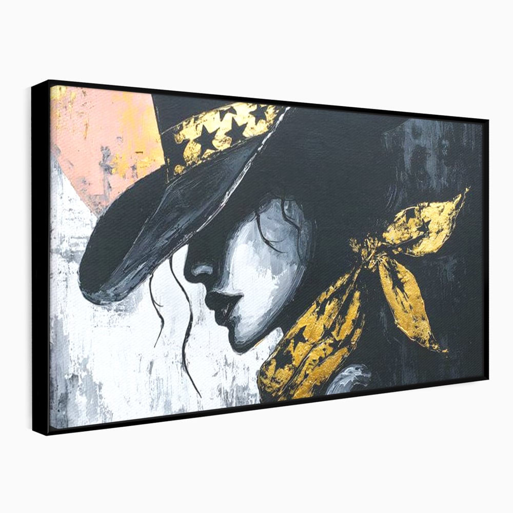 Tablou Canvas Premium, LuxCanva® G1194, Femeia cu Palarie Stelara, Auriu, Negru, Enigma, Stele, Glamour, Western, Esarfa, Abis, Ecou, Nocturna, Frumusete, Birou, Living, Dormitor