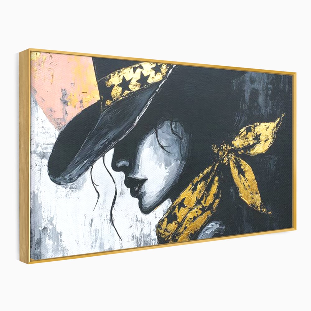 Tablou Canvas Premium, LuxCanva® G1194, Femeia cu Palarie Stelara, Auriu, Negru, Enigma, Stele, Glamour, Western, Esarfa, Abis, Ecou, Nocturna, Frumusete, Birou, Living, Dormitor