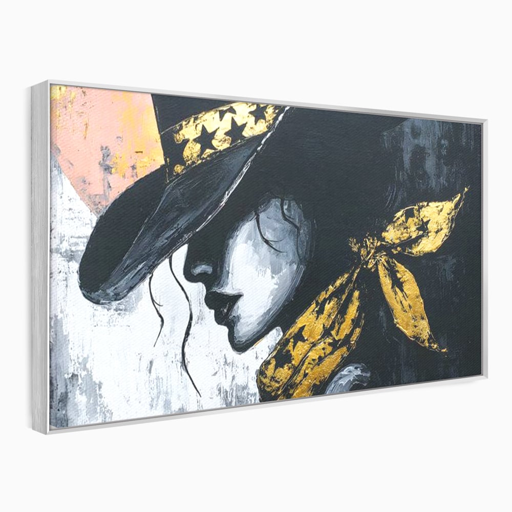 Tablou Canvas Premium, LuxCanva® G1194, Femeia cu Palarie Stelara, Auriu, Negru, Enigma, Stele, Glamour, Western, Esarfa, Abis, Ecou, Nocturna, Frumusete, Birou, Living, Dormitor