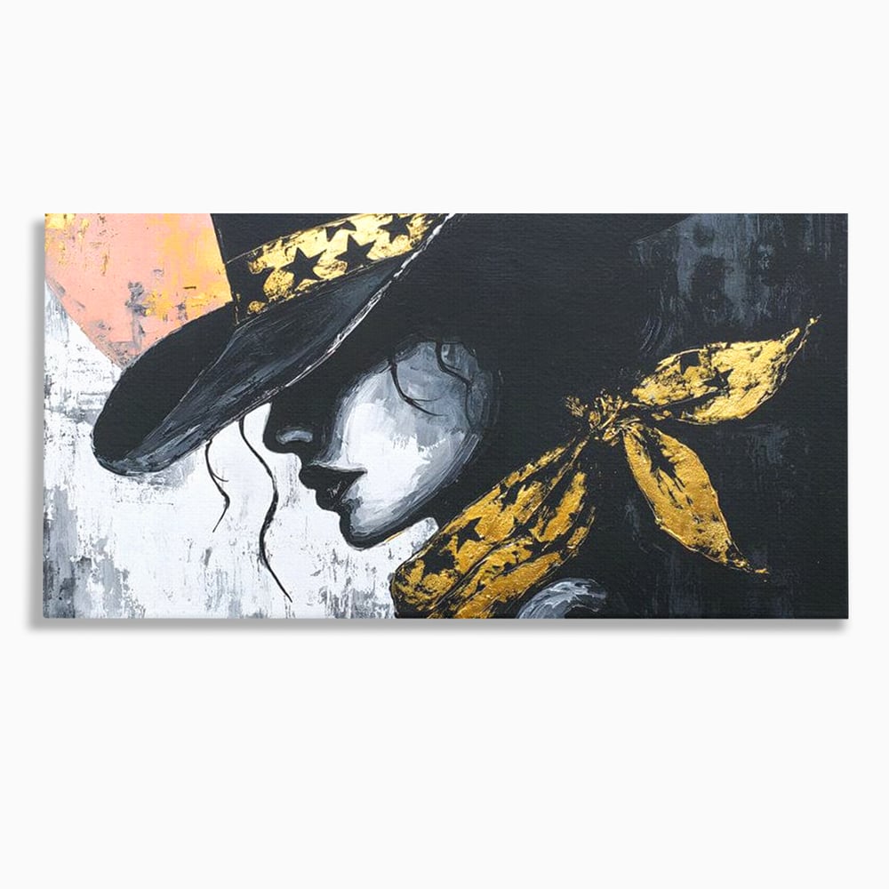 Tablou Canvas Premium, LuxCanva® G1194, Femeia cu Palarie Stelara, Auriu, Negru, Enigma, Stele, Glamour, Western, Esarfa, Abis, Ecou, Nocturna, Frumusete, Birou, Living, Dormitor