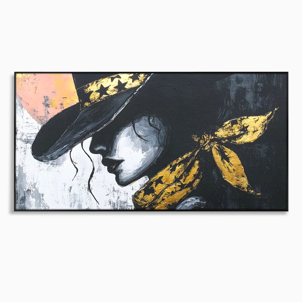 Tablou Canvas Premium, LuxCanva® G1194, Femeia cu Palarie Stelara, Auriu, Negru, Enigma, Stele, Glamour, Western, Esarfa, Abis, Ecou, Nocturna, Frumusete, Birou, Living, Dormitor
