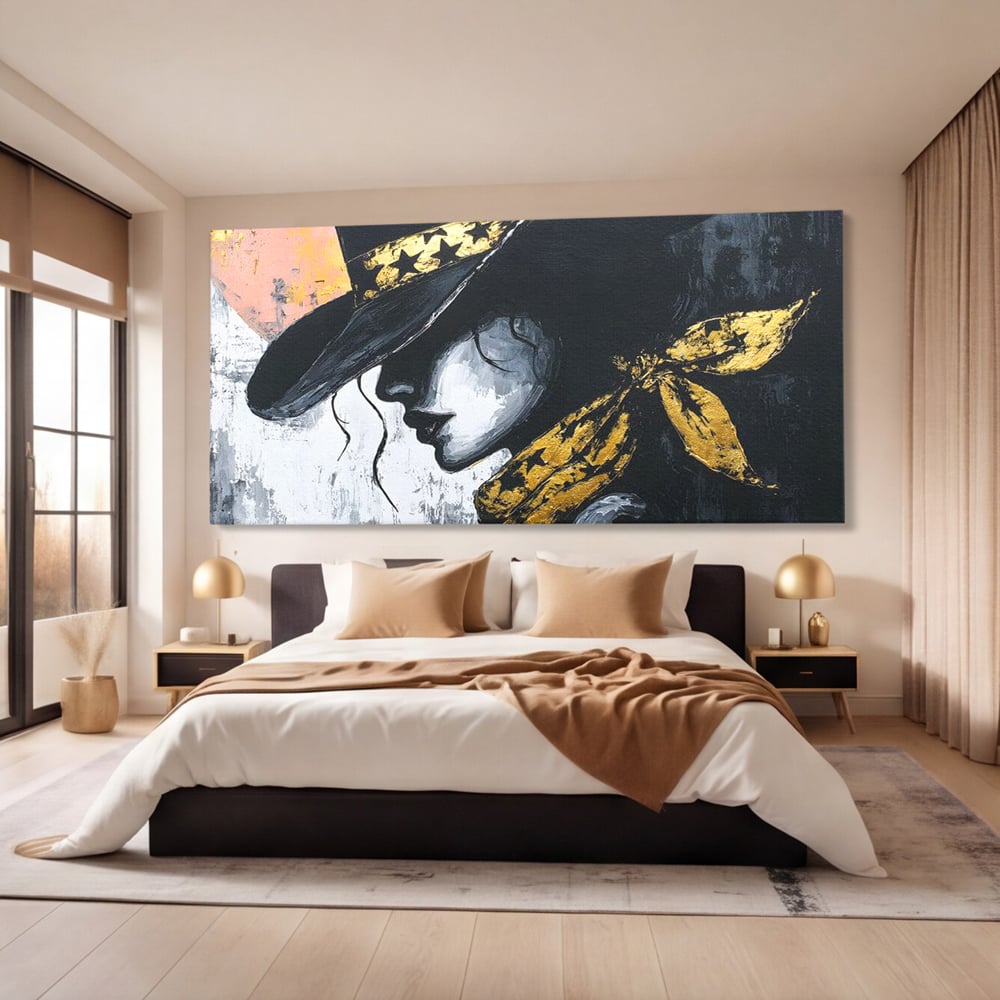 Tablou Canvas Premium, LuxCanva® G1194, Femeia cu Palarie Stelara, Auriu, Negru, Enigma, Stele, Glamour, Western, Esarfa, Abis, Ecou, Nocturna, Frumusete, Birou, Living, Dormitor