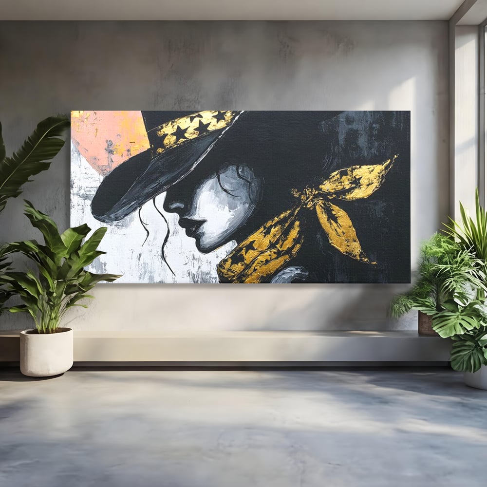 Tablou Canvas Premium, LuxCanva® G1194, Femeia cu Palarie Stelara, Auriu, Negru, Enigma, Stele, Glamour, Western, Esarfa, Abis, Ecou, Nocturna, Frumusete, Birou, Living, Dormitor