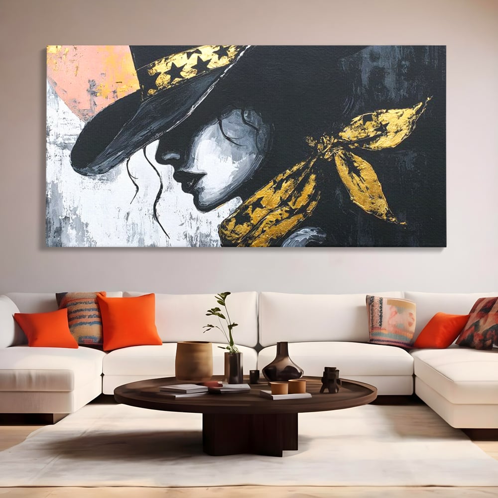 Tablou Canvas Premium, LuxCanva® G1194, Femeia cu Palarie Stelara, Auriu, Negru, Enigma, Stele, Glamour, Western, Esarfa, Abis, Ecou, Nocturna, Frumusete, Birou, Living, Dormitor