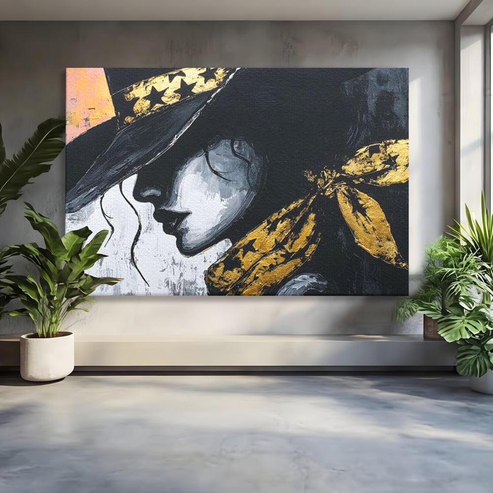 Tablou Canvas Premium, LuxCanva® G1194, Femeia cu Palarie Stelara, Auriu, Negru, Enigma, Stele, Glamour, Western, Esarfa, Abis, Ecou, Nocturna, Frumusete, Birou, Living, Dormitor