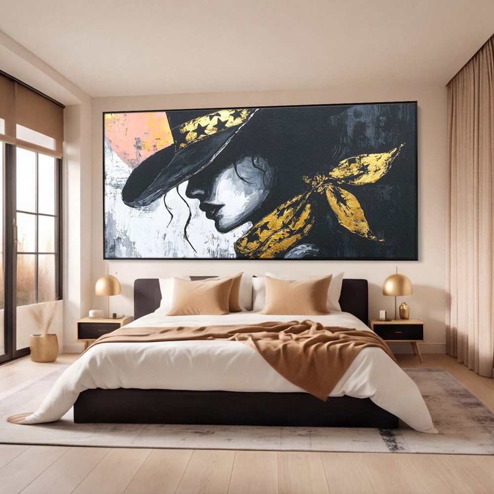 Tablou Canvas Premium, LuxCanva® G1194, Femeia cu Palarie Stelara, Auriu, Negru, Enigma, Stele, Glamour, Western, Esarfa, Abis, Ecou, Nocturna, Frumusete, Birou, Living, Dormitor