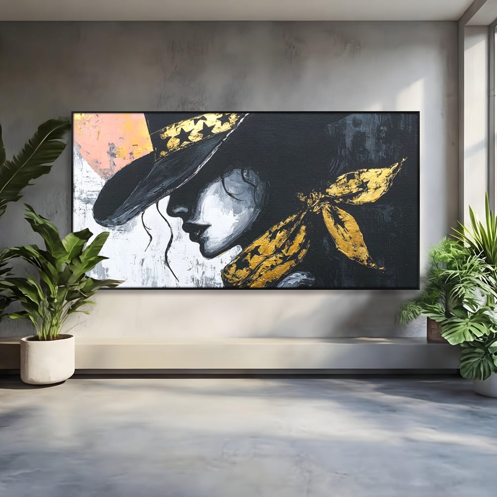 Tablou Canvas Premium, LuxCanva® G1194, Femeia cu Palarie Stelara, Auriu, Negru, Enigma, Stele, Glamour, Western, Esarfa, Abis, Ecou, Nocturna, Frumusete, Birou, Living, Dormitor