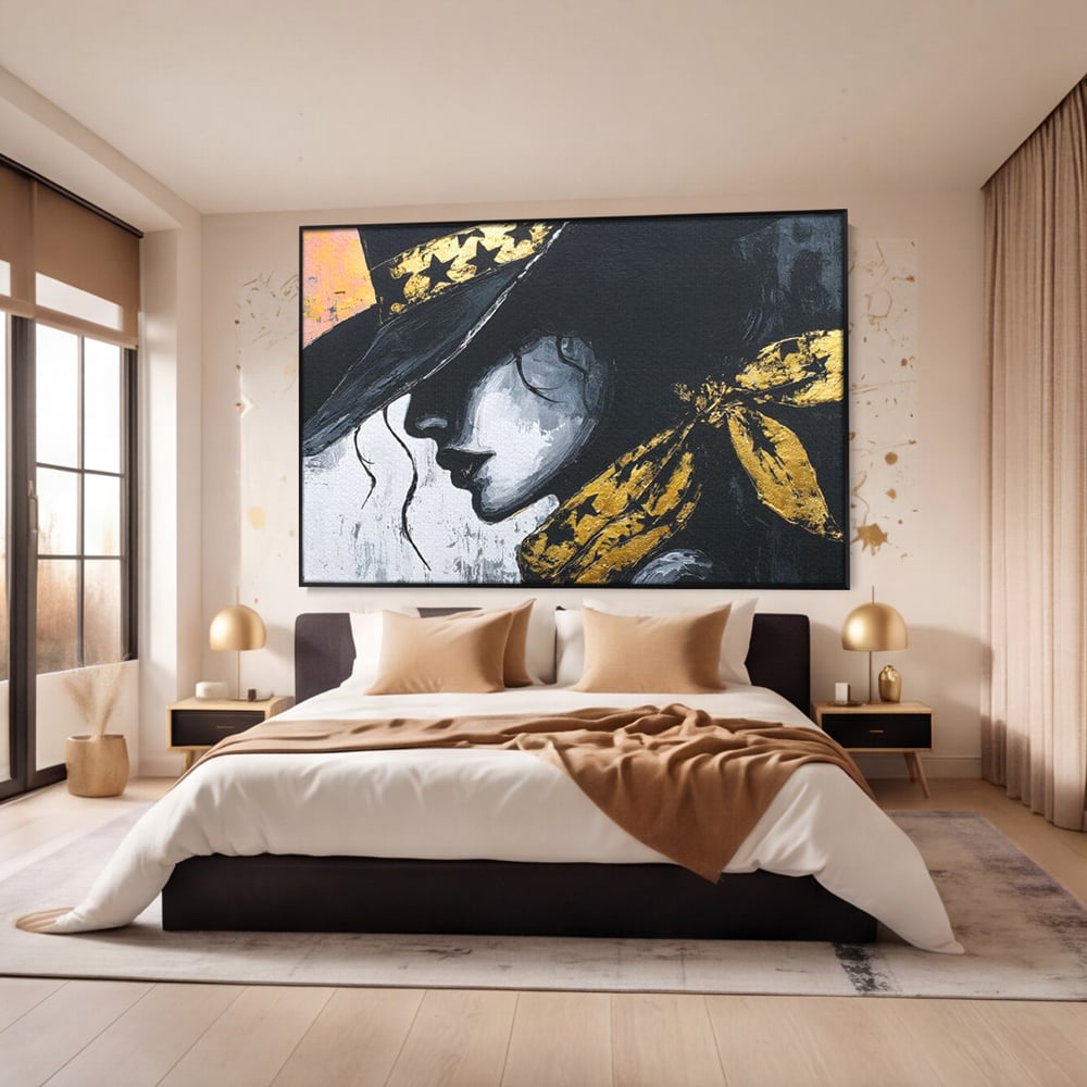 Tablou Canvas Premium, LuxCanva® G1194, Femeia cu Palarie Stelara, Auriu, Negru, Enigma, Stele, Glamour, Western, Esarfa, Abis, Ecou, Nocturna, Frumusete, Birou, Living, Dormitor