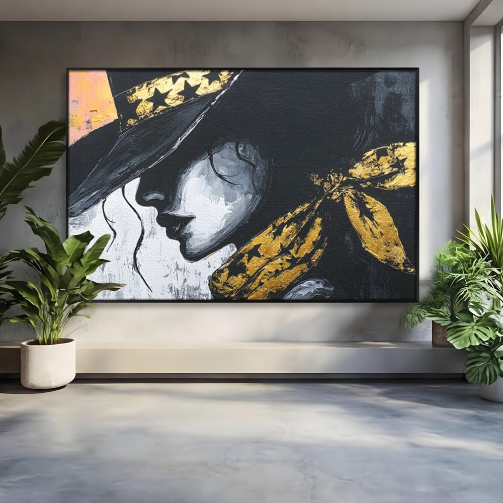 Tablou Canvas Premium, LuxCanva® G1194, Femeia cu Palarie Stelara, Auriu, Negru, Enigma, Stele, Glamour, Western, Esarfa, Abis, Ecou, Nocturna, Frumusete, Birou, Living, Dormitor