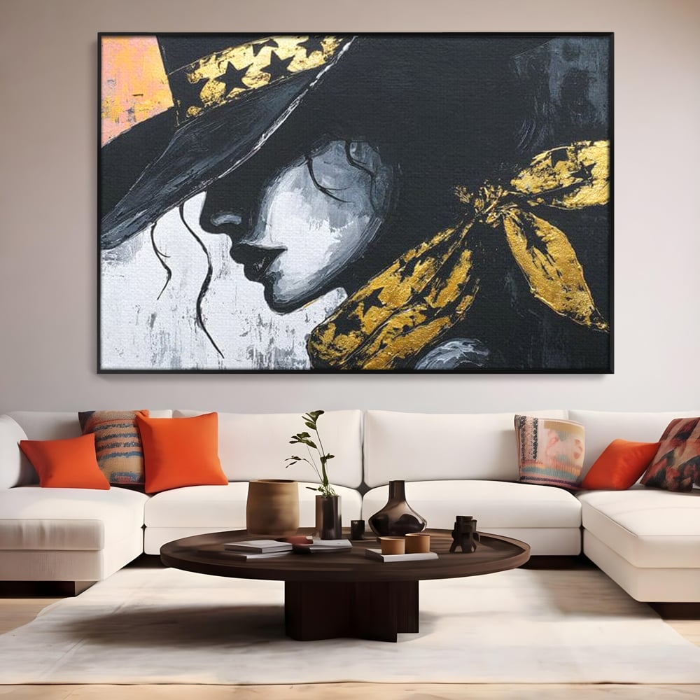 Tablou Canvas Premium, LuxCanva® G1194, Femeia cu Palarie Stelara, Auriu, Negru, Enigma, Stele, Glamour, Western, Esarfa, Abis, Ecou, Nocturna, Frumusete, Birou, Living, Dormitor