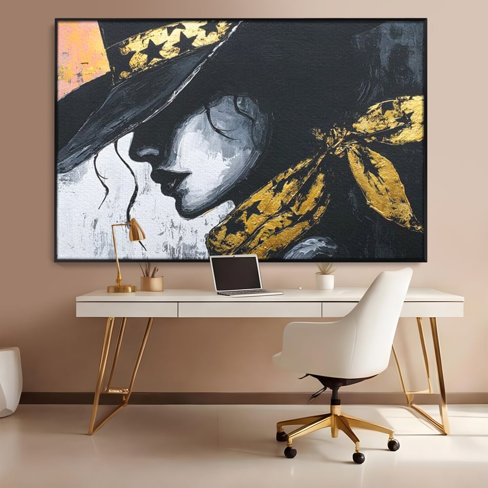 Tablou Canvas Premium, LuxCanva® G1194, Femeia cu Palarie Stelara, Auriu, Negru, Enigma, Stele, Glamour, Western, Esarfa, Abis, Ecou, Nocturna, Frumusete, Birou, Living, Dormitor