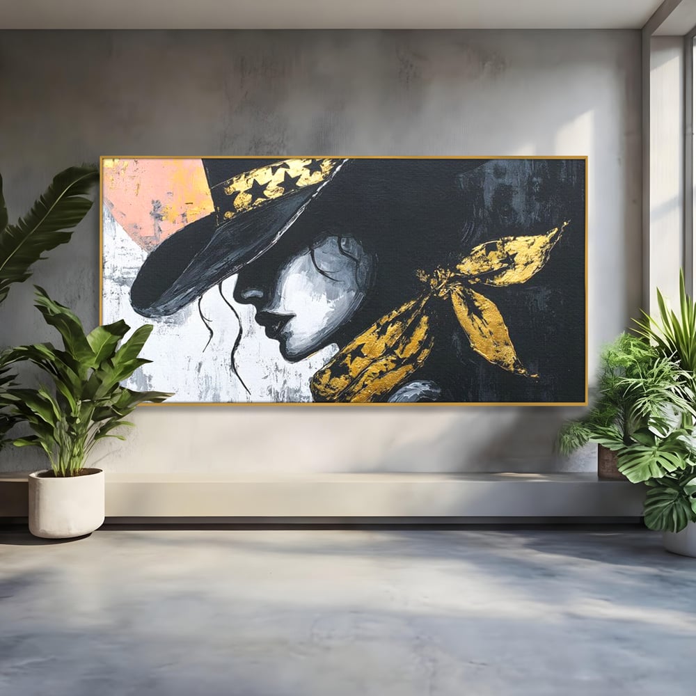 Tablou Canvas Premium, LuxCanva® G1194, Femeia cu Palarie Stelara, Auriu, Negru, Enigma, Stele, Glamour, Western, Esarfa, Abis, Ecou, Nocturna, Frumusete, Birou, Living, Dormitor
