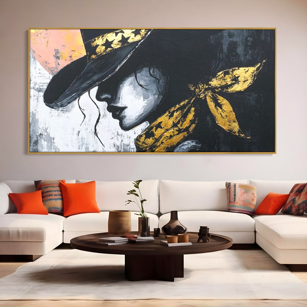 Tablou Canvas Premium, LuxCanva® G1194, Femeia cu Palarie Stelara, Auriu, Negru, Enigma, Stele, Glamour, Western, Esarfa, Abis, Ecou, Nocturna, Frumusete, Birou, Living, Dormitor