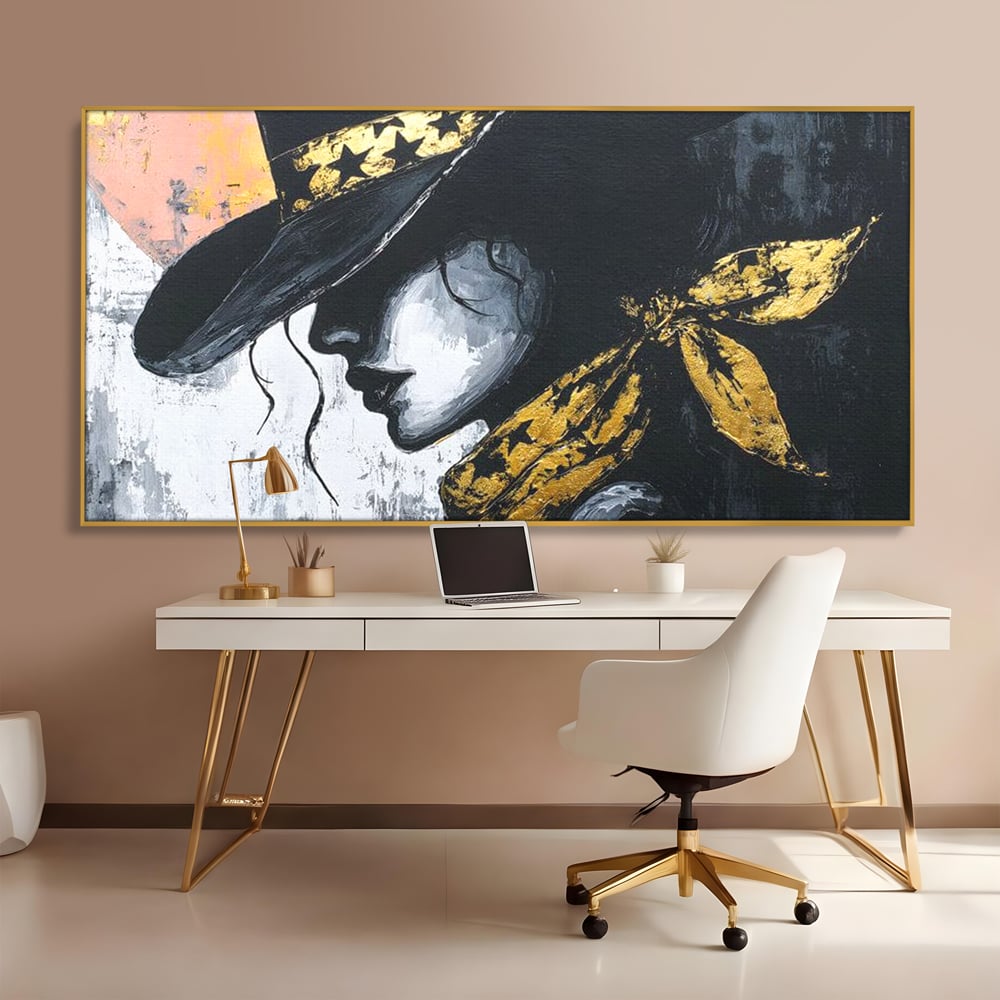 Tablou Canvas Premium, LuxCanva® G1194, Femeia cu Palarie Stelara, Auriu, Negru, Enigma, Stele, Glamour, Western, Esarfa, Abis, Ecou, Nocturna, Frumusete, Birou, Living, Dormitor