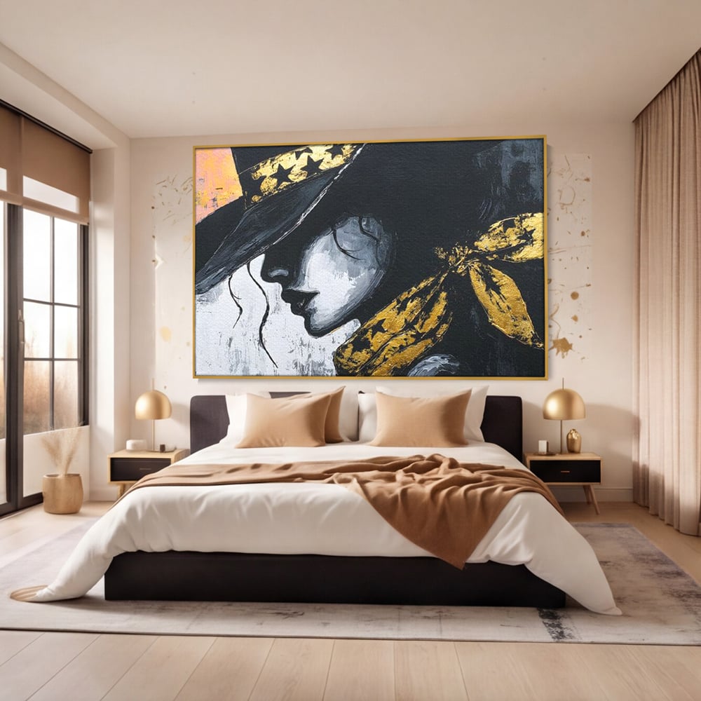 Tablou Canvas Premium, LuxCanva® G1194, Femeia cu Palarie Stelara, Auriu, Negru, Enigma, Stele, Glamour, Western, Esarfa, Abis, Ecou, Nocturna, Frumusete, Birou, Living, Dormitor