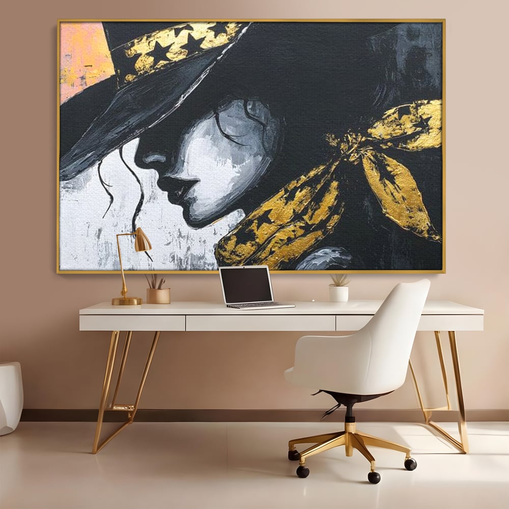 Tablou Canvas Premium, LuxCanva® G1194, Femeia cu Palarie Stelara, Auriu, Negru, Enigma, Stele, Glamour, Western, Esarfa, Abis, Ecou, Nocturna, Frumusete, Birou, Living, Dormitor
