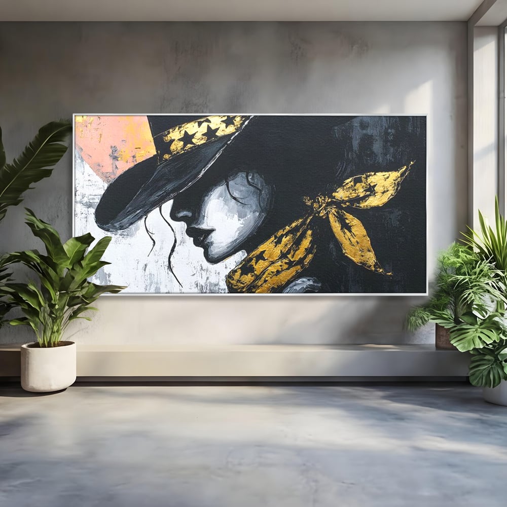 Tablou Canvas Premium, LuxCanva® G1194, Femeia cu Palarie Stelara, Auriu, Negru, Enigma, Stele, Glamour, Western, Esarfa, Abis, Ecou, Nocturna, Frumusete, Birou, Living, Dormitor
